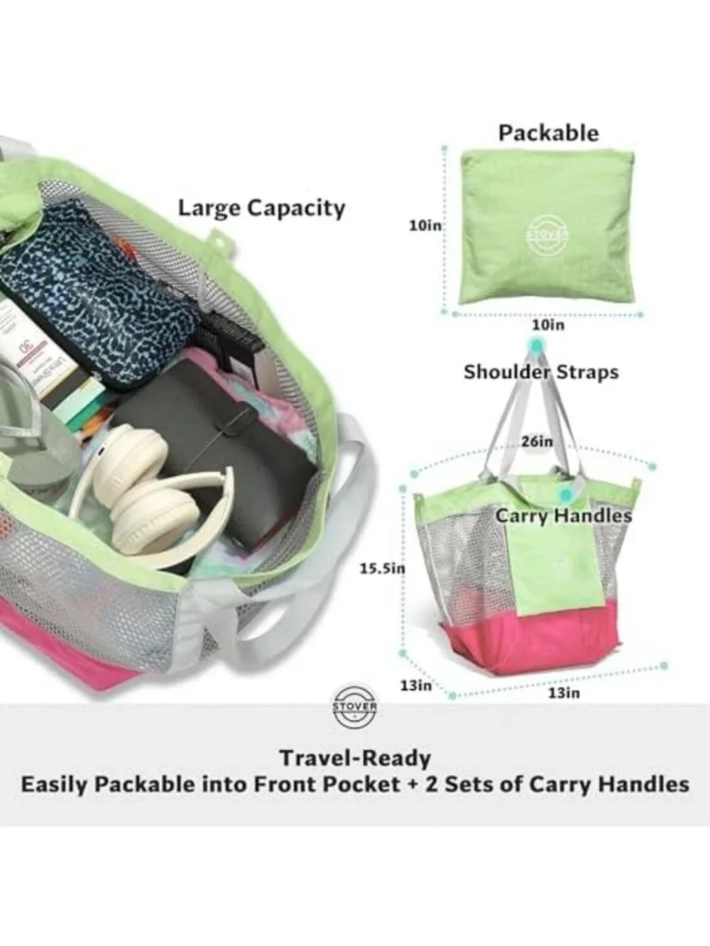 Large Mesh Beach Tote Bag - Foldable Travel Bag with Pockets for Vacation & Pool